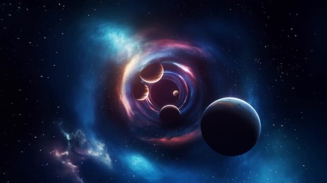 Tracking shot of planets spiraling into glowing wormhole in deep space nebula with forward dolly movement through cosmic vortex
