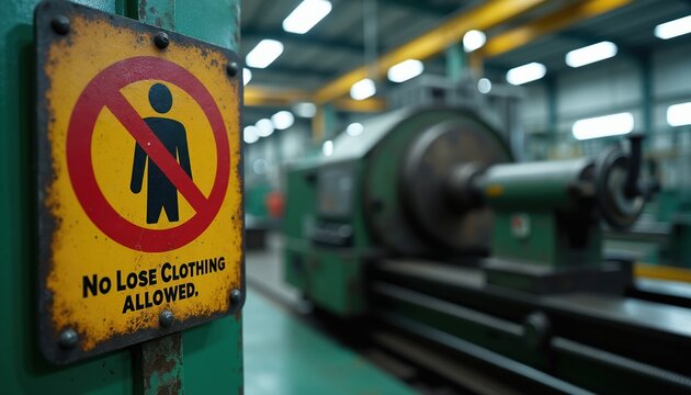 Factory safety sign warns workers about loose clothing near lathe machine. Industrial area with machinery implies manufacturing, production processes in progress. Warning text, symbol indicate