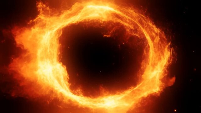 Slow motion rotating ring of fire spinning to form flaming vortex in dark void background with sparks and embers swirling around center frame