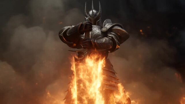 Slow zoom on armored knight holding flaming sword standing amid fire and smoke in dark battlefield setting