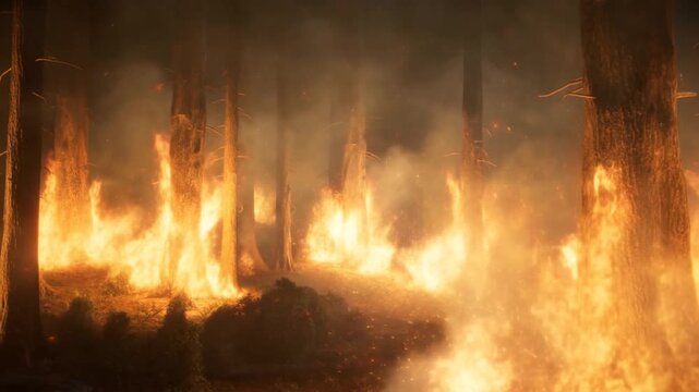 Tracking shot moving through wildfire flames spreading across dense pine forest floor with smoke embers and glowing underbrush at dusk