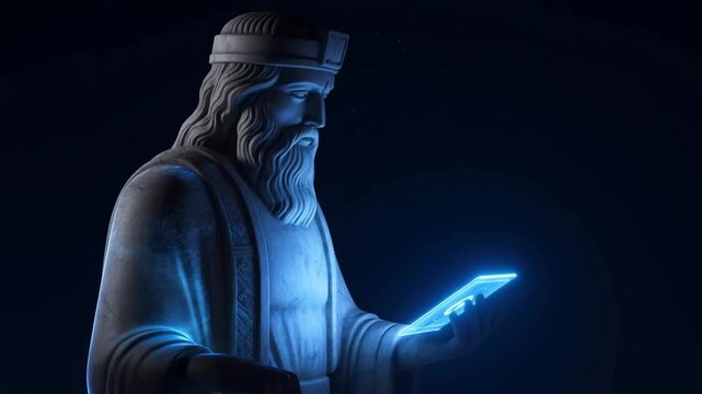Tracking shot of stone king statue holding glowing holographic tablet in dark studio gallery with subtle pan and dolly revealing illuminated hand and profile
