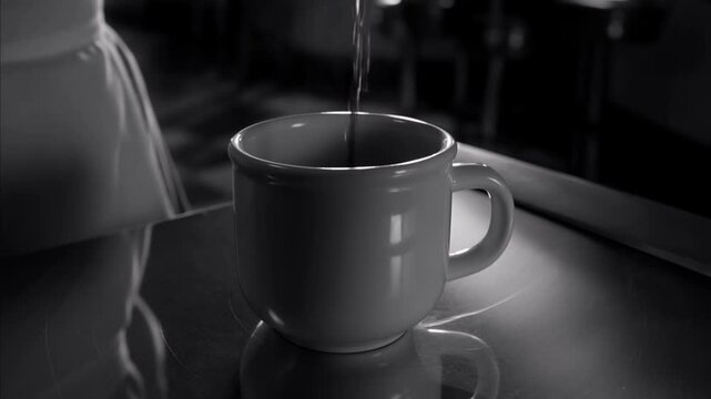 Tracking shot of server pouring coffee into mug on diner counter with slow zoom close up in retro monochrome setting