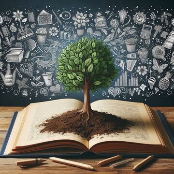 Tree of knowledge and life growing on soil from big archive open textbook with creative freehand doodle drawing on wooden table, created with generative ai