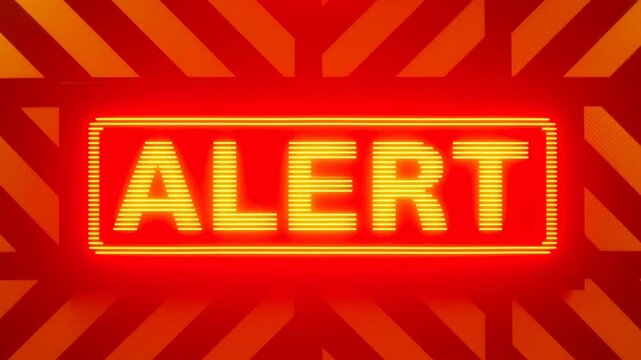 Slow zoom on alert neon sign pulsing and flickering on striped warning panel against industrial wall in red and yellow glowing light