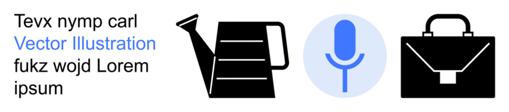 Gardening tools, work organization, podcasting, communication, creativity, and multimedia. Black watering can, blue circular microphone and a black briefcase icon. Gardening and podcasting concepts