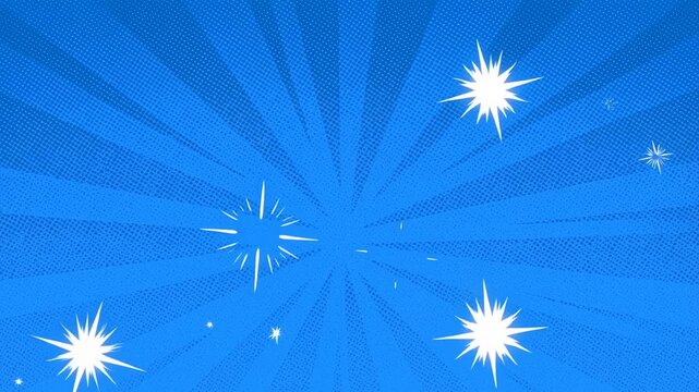 Panning shot of white star bursts drifting across blue radial abstract background with halftone comic style in seamless horizontal loop