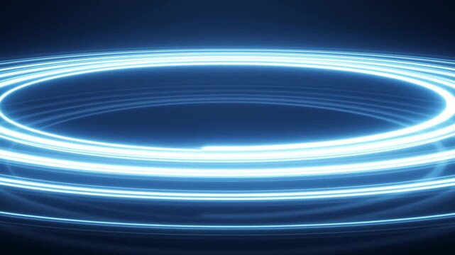 Time lapse of concentric glowing rings rotating and expanding over dark studio stage static shot of neon light circles forming portal
