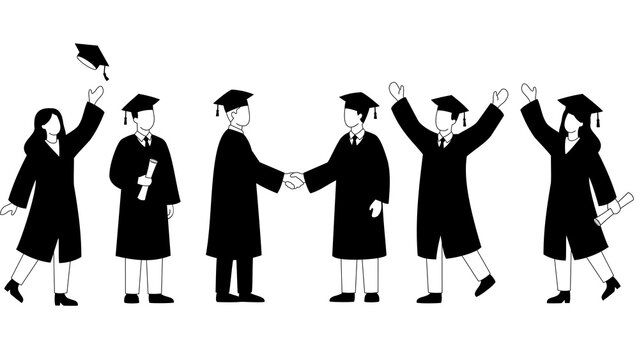 Minimalist Graduation Illustration Set &ndash; Students Celebrating Success, Diploma and Cap Toss Vector Style