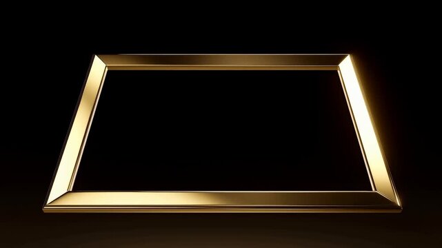 Slow tracking shot of gold rectangular frame tilting and rotating on dark studio background with reflective polished metal border