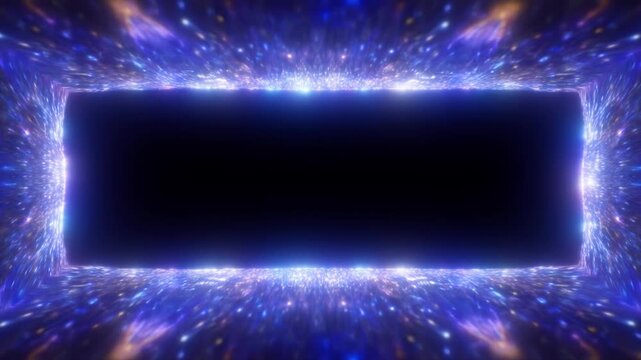 Slow motion tracking shot of glowing particle tunnel framing empty black rectangle portal in cosmic space with iridescent neon lights