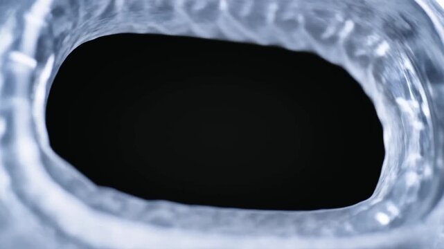 Tracking shot close up of plastic bottle neck moving toward dark interior revealing glossy translucent rim on black studio background