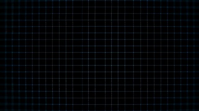 Panning shot of digital grid lines shifting across dark screen display revealing faint glowing blue squares in abstract technological interface