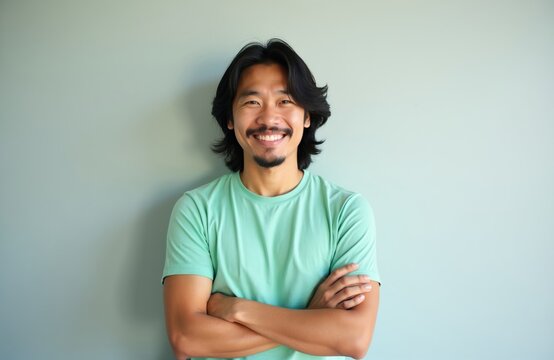 Smiling Asian man with long dark hair and goatee stands with arms crossed. He wears a mint green t-shirt and has a friendly, relaxed expression against a plain wall.