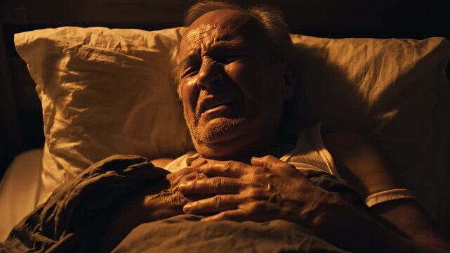 A Bedridden Elderly Man Experiencing Distress and Pain in Dimly Lit Bedroom Scene