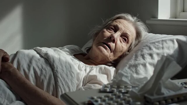 A Bedridden Elderly Person Faces Sickness and Medical Needs Quietly and Comfortably
