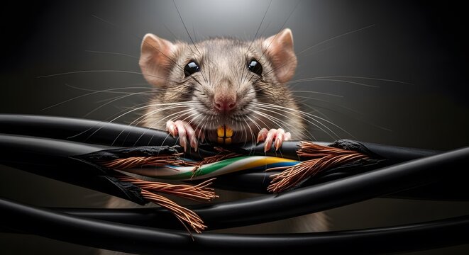 Close-up of a brown rat chewing on electrical wires and internet optical cables, causing severe damage and sparking a fire hazard. Professional pest control services are needed for protection