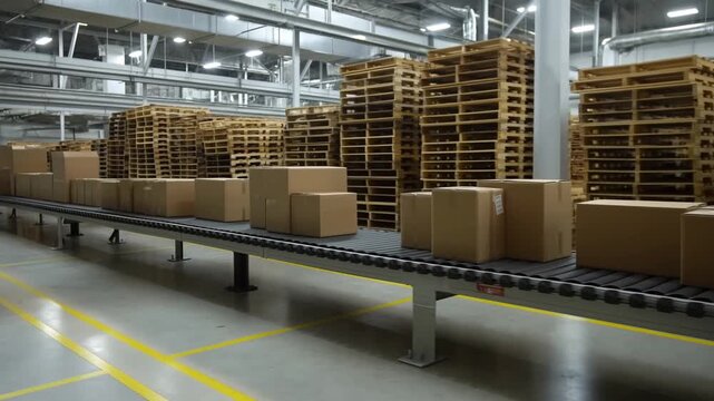 Tracking shot of conveyor with moving boxes and stacked pallets transporting cartons through large warehouse interior with fluorescent lighting