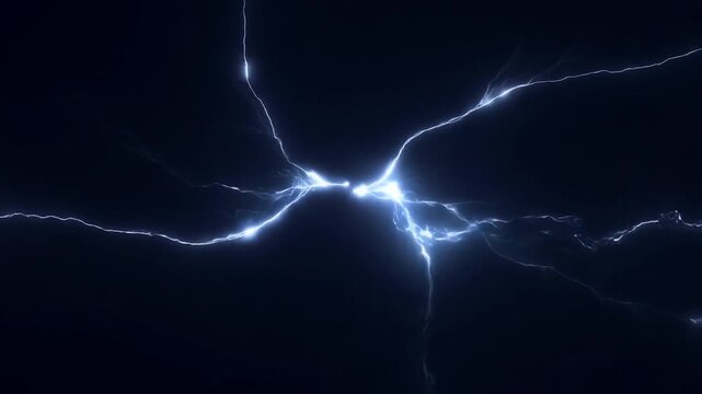 Slow motion close up of electrical arcs converging and crackling as energy discharge connects across dark abstract studio background