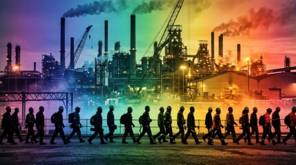 Fototapeta premium Diverse Workers Silhouette Against Colorful Industrial Background