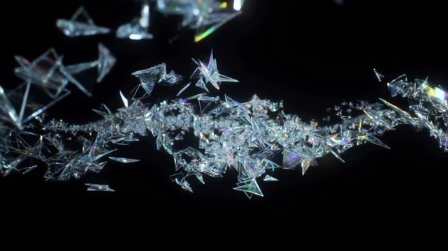 Slow motion tracking shot of glass shards and crystal particles drifting and swirling, prismatic iridescent fragments rotating across black studio background