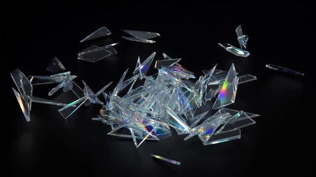 Slow motion top down tracking shot of glass shards exploding and scattering across black tabletop studio surface with iridescent crystal fragments and reflective pieces