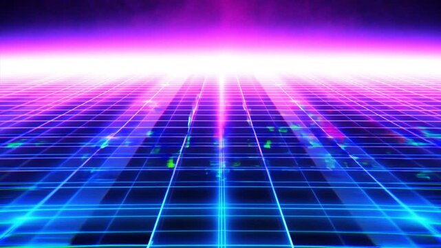 Tracking shot forward of neon grid floor approaching glowing horizon in retro futuristic synthwave landscape with pulsing purple and blue light