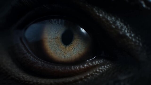 Slow push in close up of reptile eye constricting and blinking with subtle motion in dark cave jungle environment glossy amber iris detailed texture