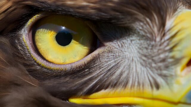 Static shot of eagle eye focusing with slight dolly movement on beak and surrounding feathers in natural nest outdoors close up detailed texture and color