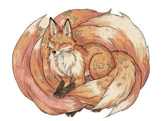 Fototapeta premium A red fox curled up in a circle, appearing relaxed and comfortable