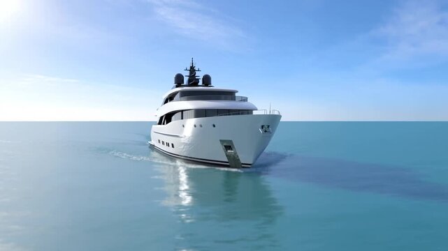 Tracking shot of luxury yacht approaching and cruising on calm open ocean with clear sky midday sunlight polished white hull and gentle wake