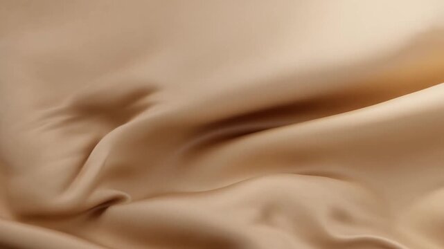 Slow motion close up tracking shot of silk fabric folding and rippling across beige satin sheet on bed in interior studio setting