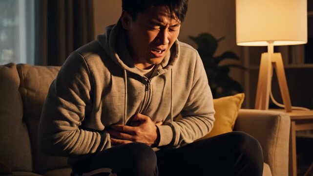 A Man Experiencing Abdominal Pain While Sitting On The Couch At Home, Feeling Sick