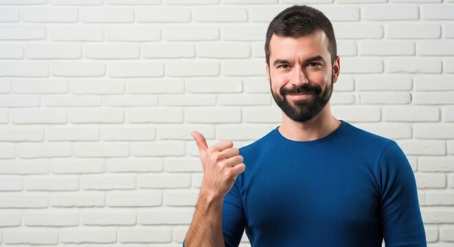 Smiling man pointing to side.