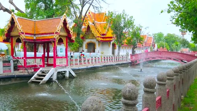 The fountains and Sala Nam in Marble Temple complex, Bangkok, Thailand