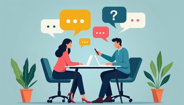 People sit at desk with laptops. Speech bubbles show questions dots or blank space. Concept of HR interview miscommunication or language barrier. Business meeting discussion at work.