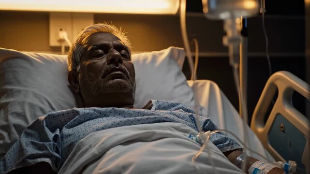 Serious Patient Lying in Hospital Bed Under Under Bright Illumination and Intravenous Treatment
