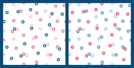 Naklejka premium Daisies. Two Seamless Patterns with Pink and Blue Simple Daisy Flowers. Floral Vector Backgrounds.