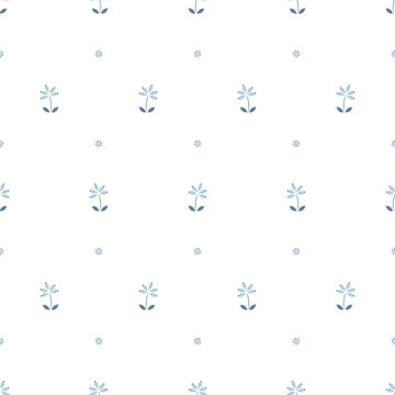 Blue Simple Fowers Seamless Tile Pattern. Vector Floral Background