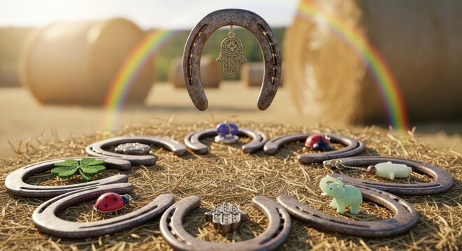 Horseshoes with jewels rainbow luck.
