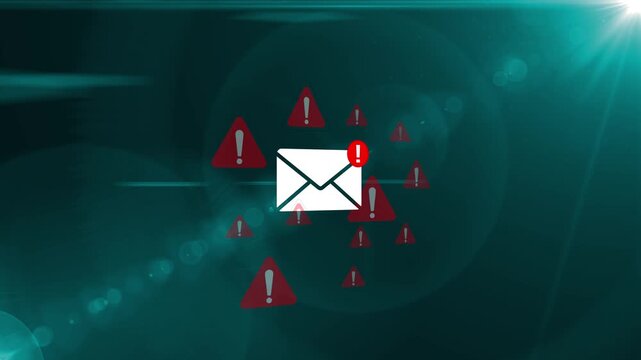 Animated inbox with warning email icons, representing email threat, phishing attack, data breach, cybersecurity alert, scam message,