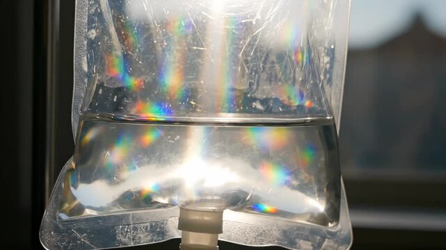 Sunlight Diffraction Through a Transparent Bag of Liquid with Rainbow Light Effect Captured