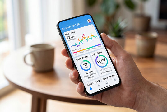 Health app on smartphone close-up, heart rate sleep steps data visible, digital health monitoring, wellness tech