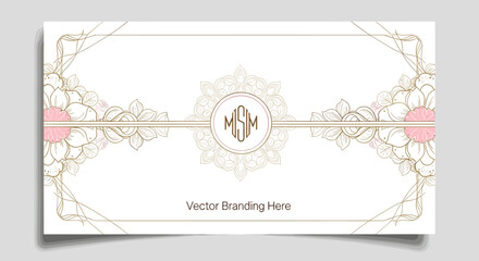 An elegant vector branding template with intricate floral and ornamental designs in light pink and gold on a white background, featuring a central emblem. © Teko