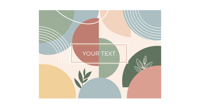 Abstract pastel geometric background with organic shapes and leaves, featuring a central text box for customization.