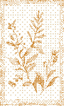Golden fern frond with dotted border in minimalist pixelated style