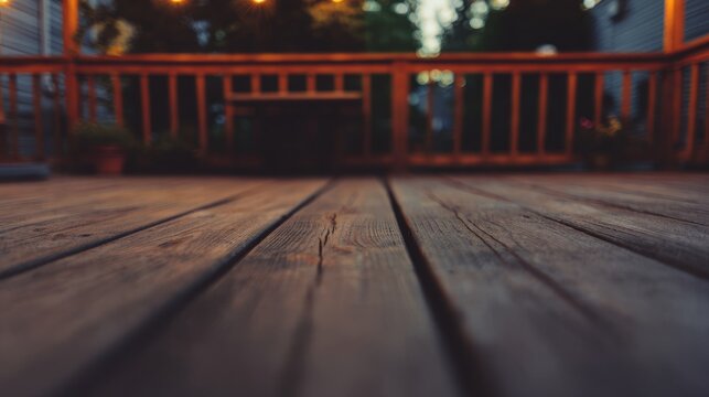 deck. Wooden deck planks at dusk, bathed in a warm ambient glow with a softly focused foreground. lifestyle magazines.
