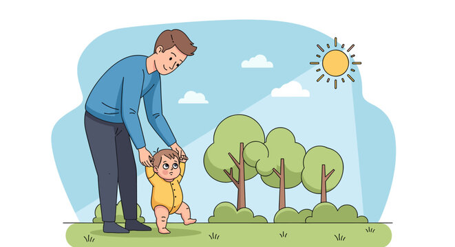A father helps his baby take first steps outdoors in a sunny park with trees.
