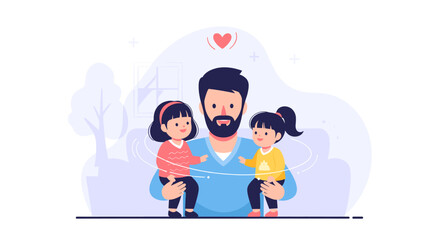 Fototapeta premium A loving father with a beard holds his two young daughters, one on each arm, with a heart above them, symbolizing family love and happiness.