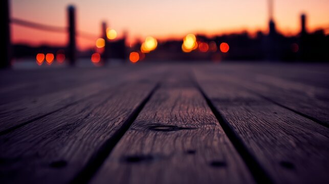 deck. Wooden deck planks at dusk, bathed in a warm ambient glow with a softly focused foreground. lifestyle magazines.
